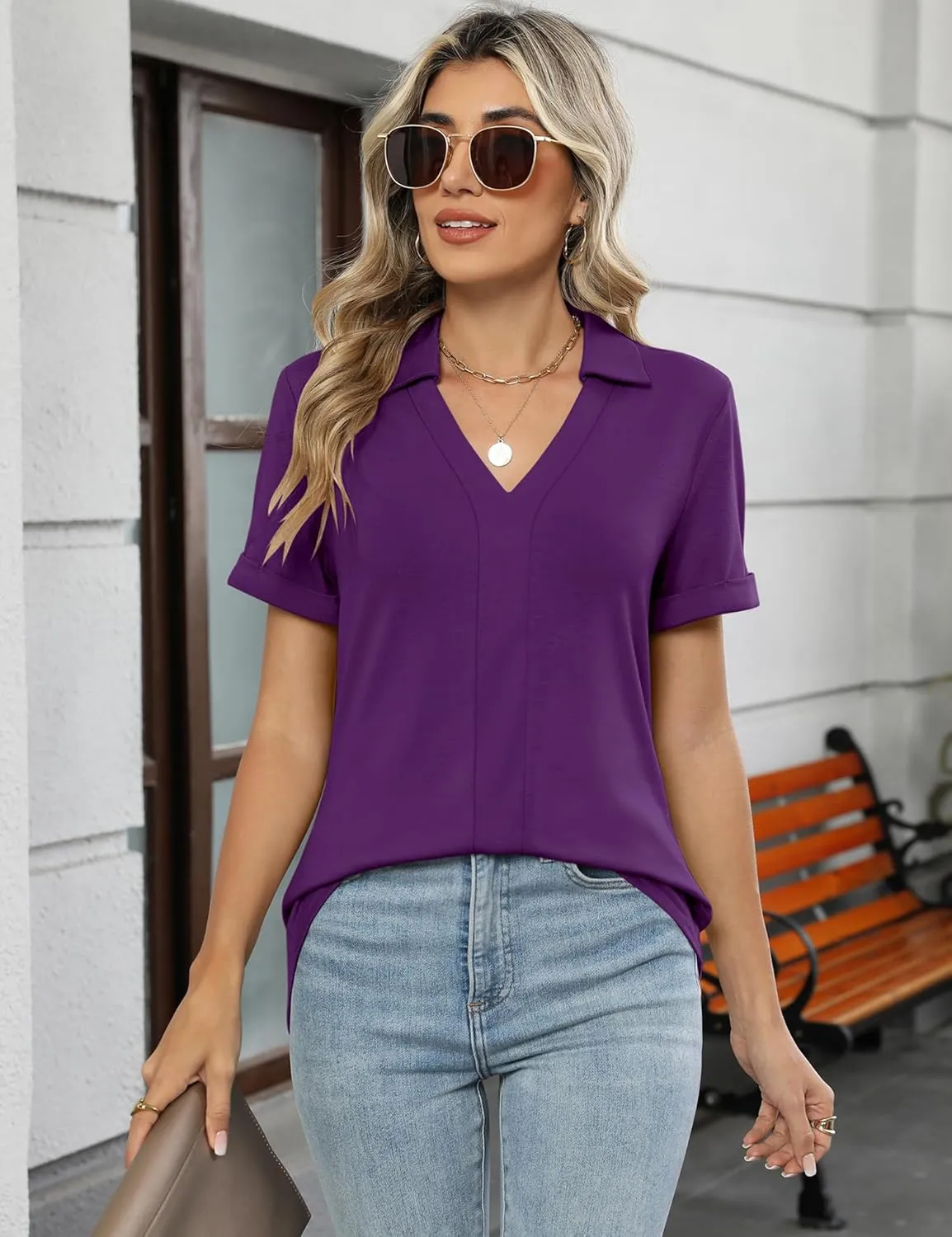 Micoson Womens Polo Shirts Dressy V Neck Business Casual Tops Lapel Collar Short Sleeve Summer Shirts Loose Fit Work Blouses