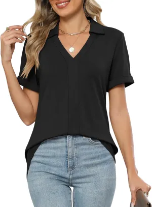 Micoson Womens Polo Shirts Dressy V Neck Business Casual Tops Lapel Collar Short Sleeve Summer Shirts Loose Fit Work Blouses