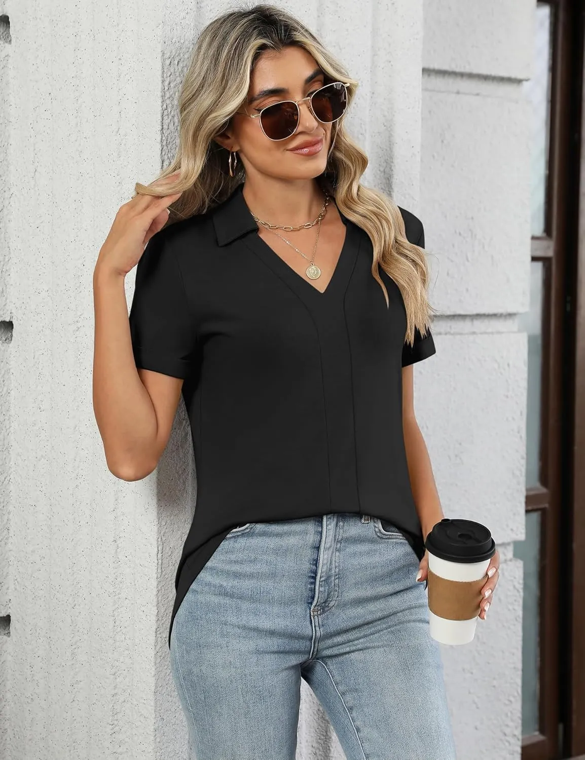 Micoson Womens Polo Shirts Dressy V Neck Business Casual Tops Lapel Collar Short Sleeve Summer Shirts Loose Fit Work Blouses