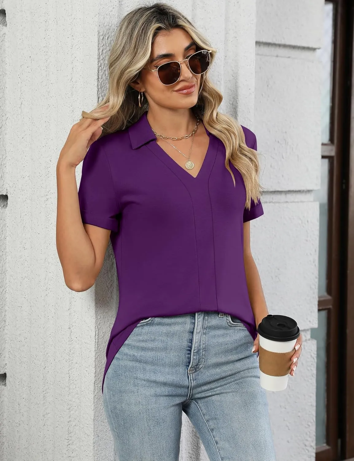 Micoson Womens Polo Shirts Dressy V Neck Business Casual Tops Lapel Collar Short Sleeve Summer Shirts Loose Fit Work Blouses