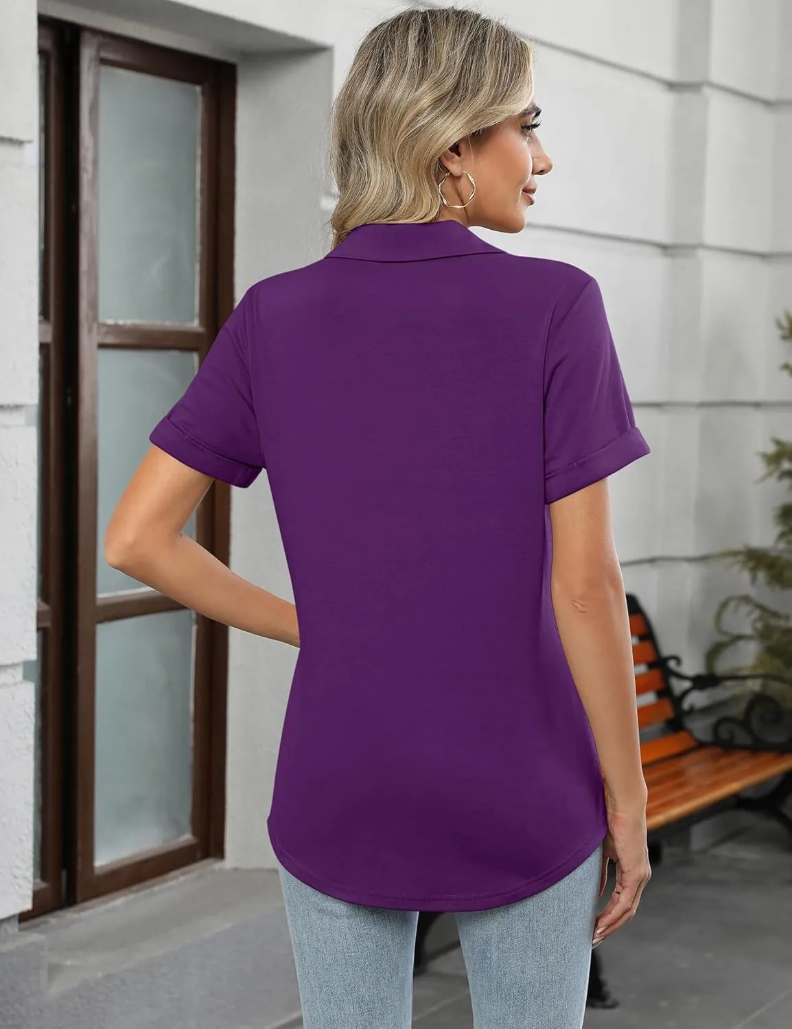 Micoson Womens Polo Shirts Dressy V Neck Business Casual Tops Lapel Collar Short Sleeve Summer Shirts Loose Fit Work Blouses
