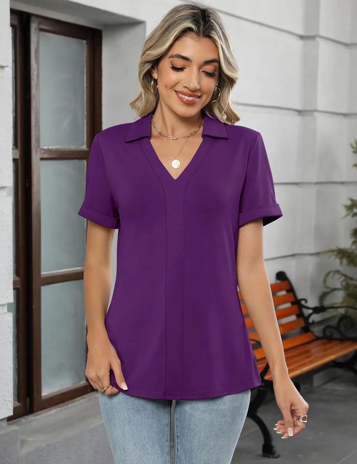Micoson Womens Polo Shirts Dressy V Neck Business Casual Tops Lapel Collar Short Sleeve Summer Shirts Loose Fit Work Blouses