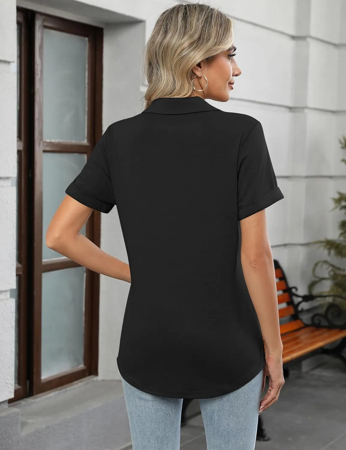 Micoson Womens Polo Shirts Dressy V Neck Business Casual Tops Lapel Collar Short Sleeve Summer Shirts Loose Fit Work Blouses