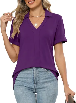Micoson Womens Polo Shirts Dressy V Neck Business Casual Tops Lapel Collar Short Sleeve Summer Shirts Loose Fit Work Blouses
