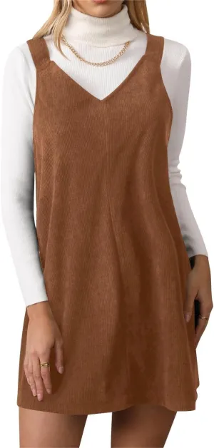 Milumia Women V Neck Corduroy Pinafore Overall Mini Dress Jumper Dress