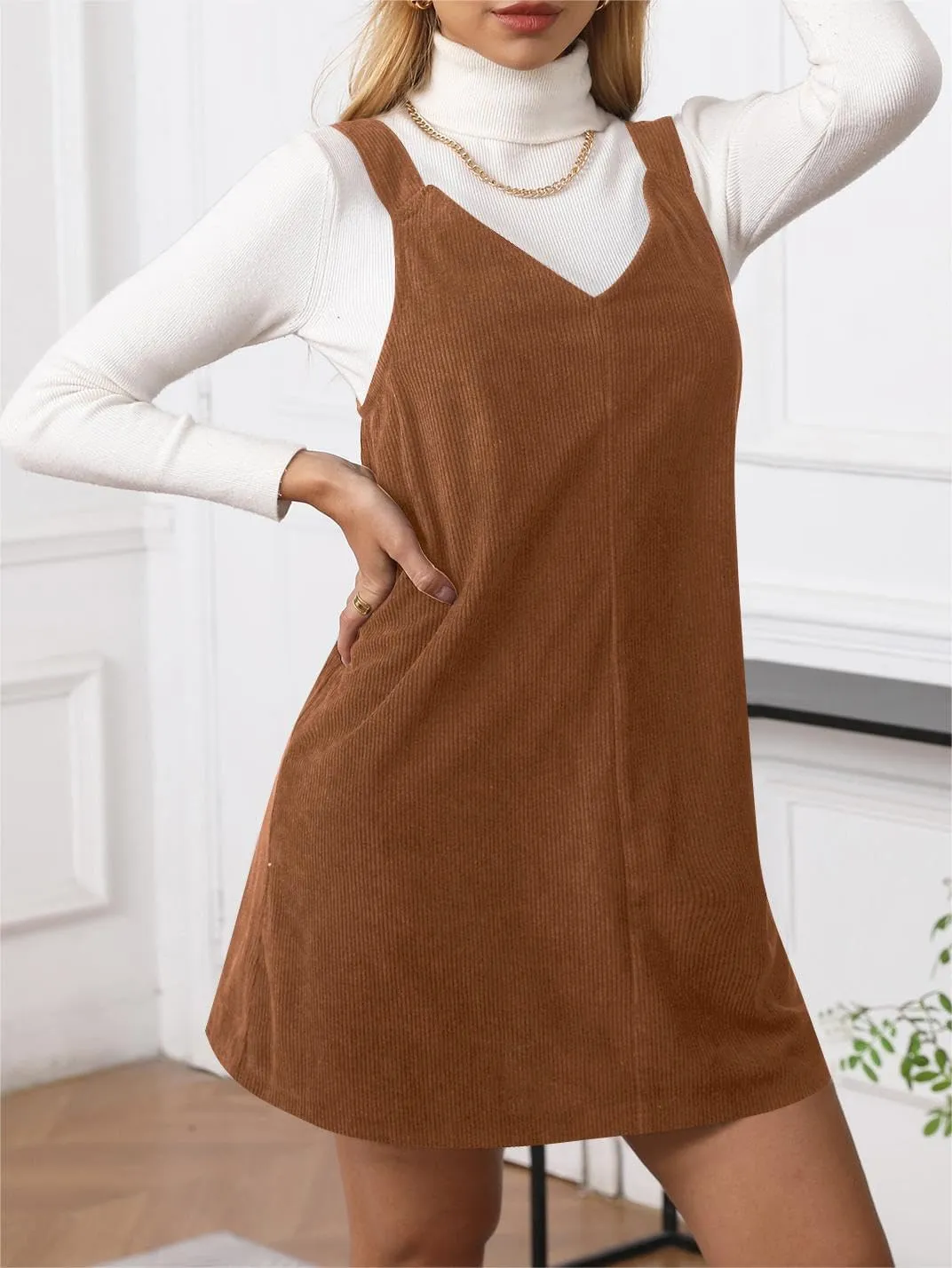 Milumia Women V Neck Corduroy Pinafore Overall Mini Dress Jumper Dress