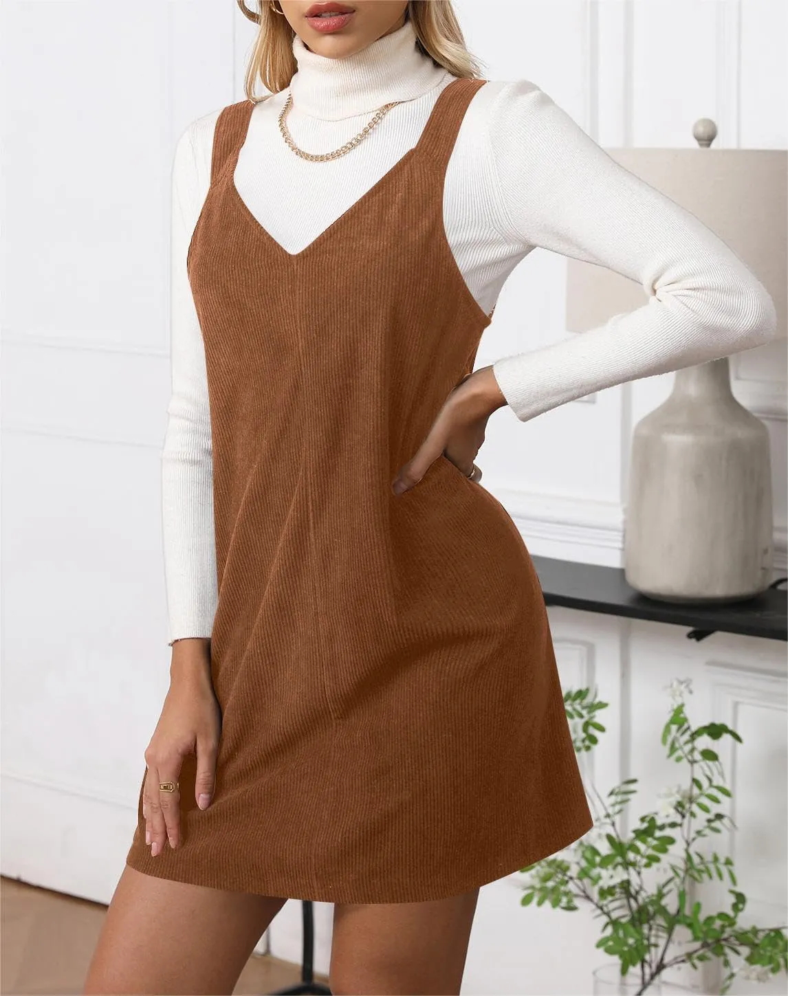 Milumia Women V Neck Corduroy Pinafore Overall Mini Dress Jumper Dress