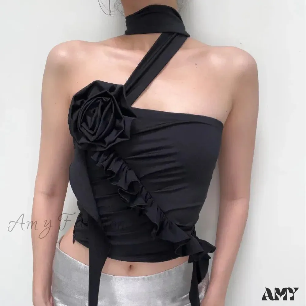 Off Top Flower Crop Ruffles Backless Gothic Aesthetic Shoulder