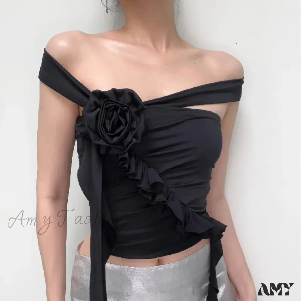 Off Top Flower Crop Ruffles Backless Gothic Aesthetic Shoulder
