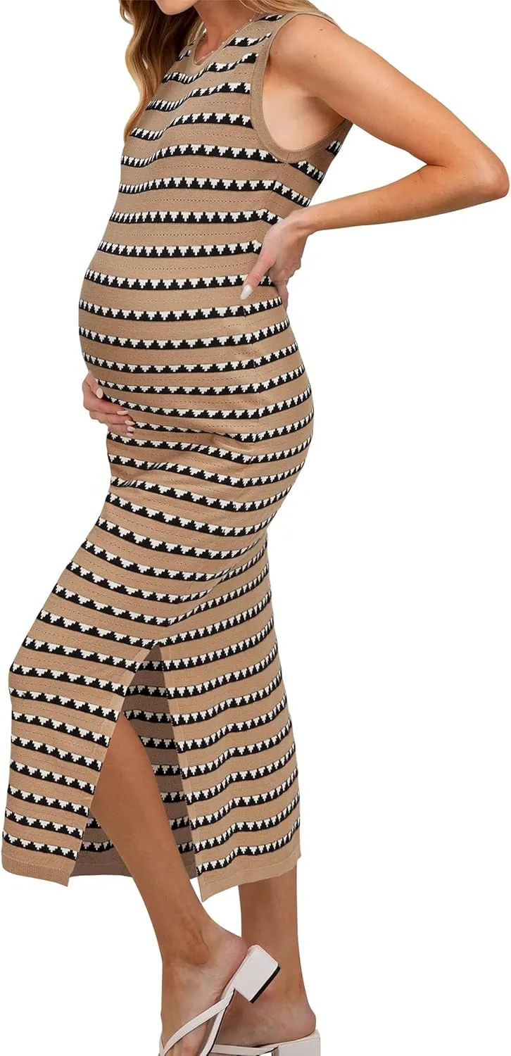 OUGES Women's 2025 Summer Maternity Dress Knit Sleeveless Crewneck Midi Dress Side Slit Striped Bodycon Sweater Dress
