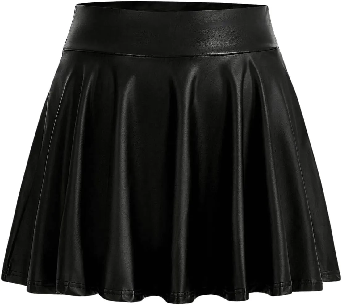 OYOANGLE Women's Plus Size PU Leather High Waisted Ruffle A Line Short Skirt Flared Skater Skirts