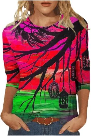 Plus Size 3/4 Sleeve Tops for Women Summer Western Aztec Print Tunic Shirts Dressy Casual Loose Fit Blouses
