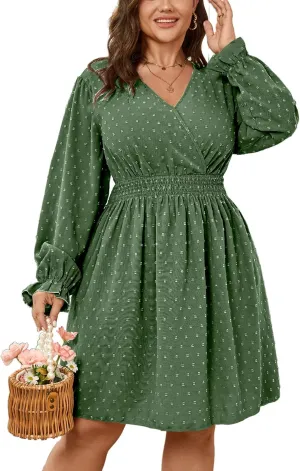 Plus Size Wrap Dress Casual Long Sleeve V Neck Swiss Dot Smocked Waist A Line Mini Dresses for Women
