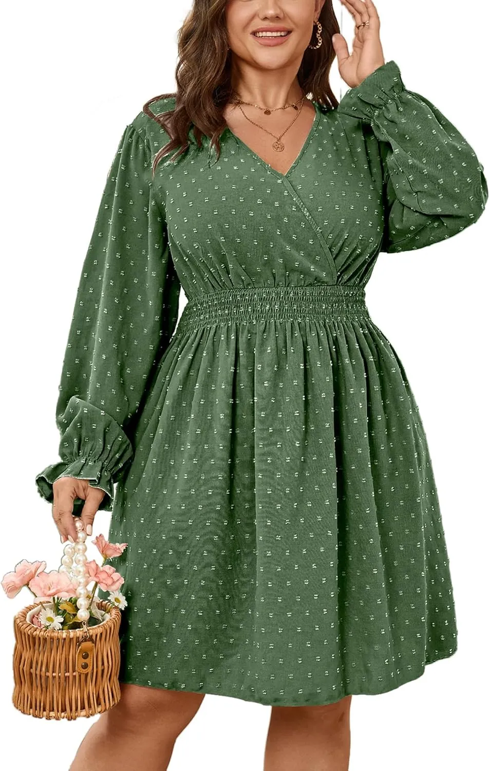 Plus Size Wrap Dress Casual Long Sleeve V Neck Swiss Dot Smocked Waist A Line Mini Dresses for Women