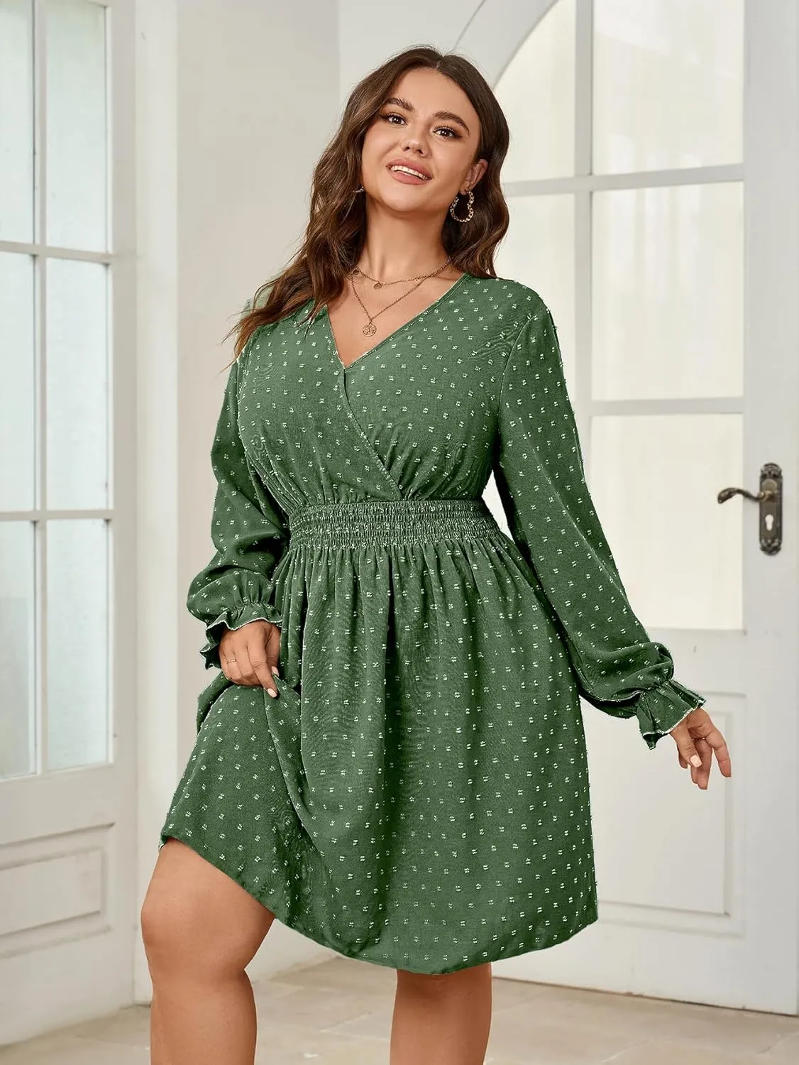 Plus Size Wrap Dress Casual Long Sleeve V Neck Swiss Dot Smocked Waist A Line Mini Dresses for Women