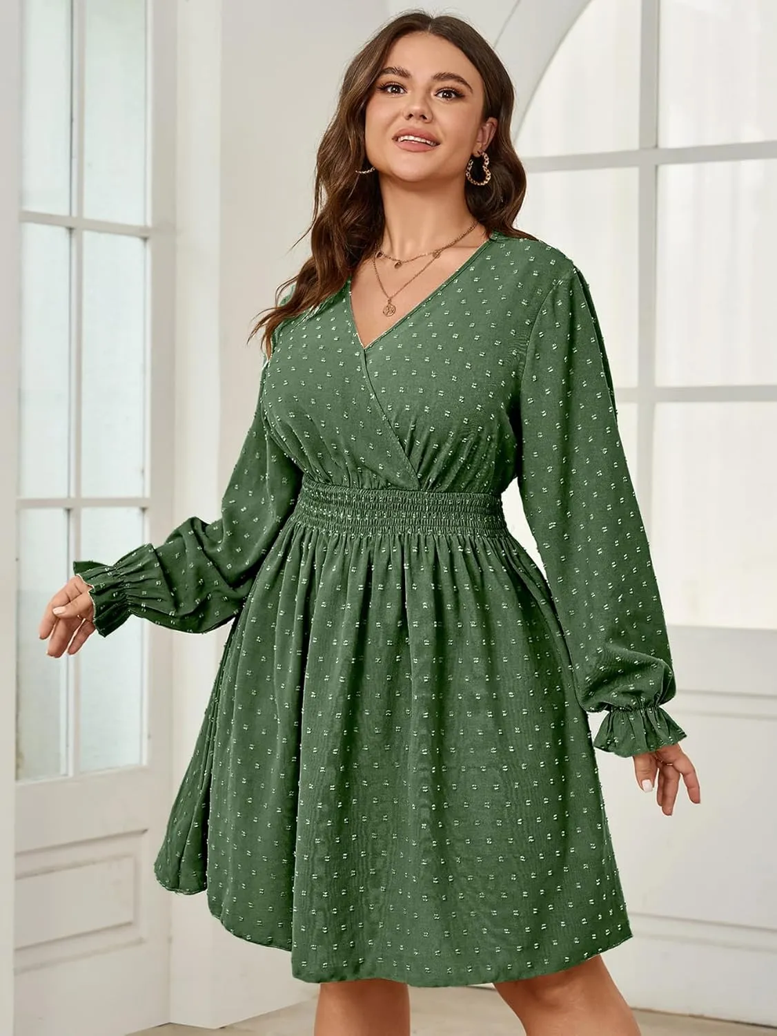 Plus Size Wrap Dress Casual Long Sleeve V Neck Swiss Dot Smocked Waist A Line Mini Dresses for Women