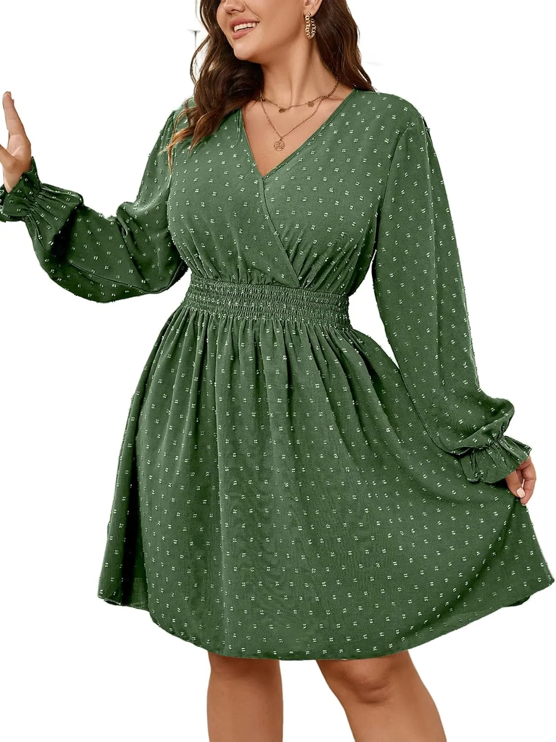 Plus Size Wrap Dress Casual Long Sleeve V Neck Swiss Dot Smocked Waist A Line Mini Dresses for Women