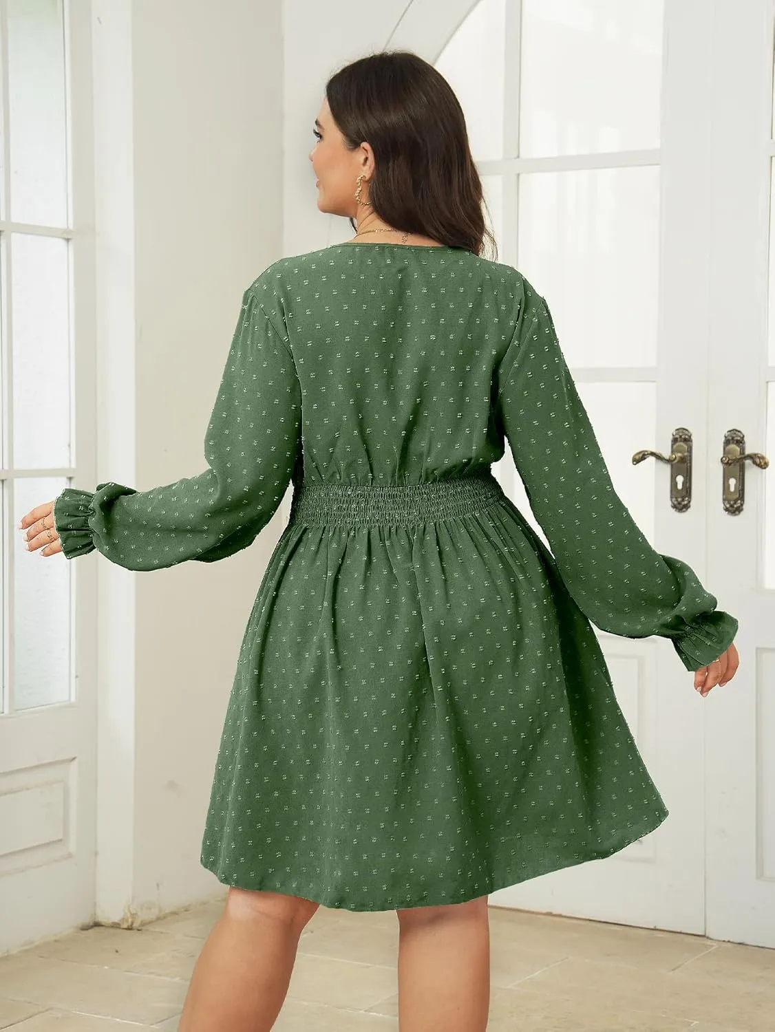Plus Size Wrap Dress Casual Long Sleeve V Neck Swiss Dot Smocked Waist A Line Mini Dresses for Women
