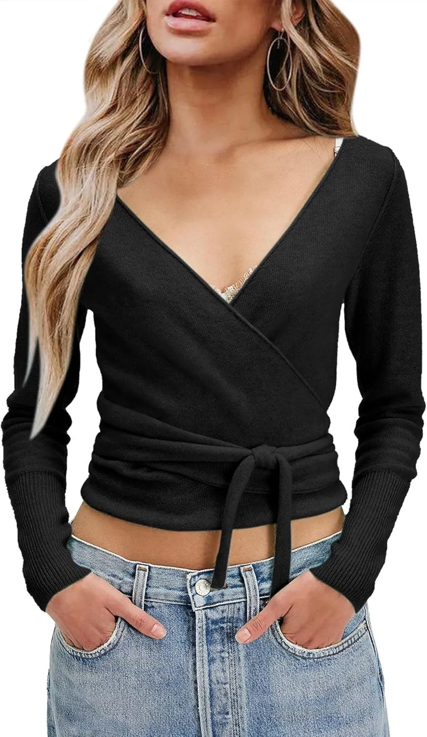 PRETTODAY Women's Wrap Knit Sweater V Neck Tie Front Long Sleeve Casual Pullover Tops