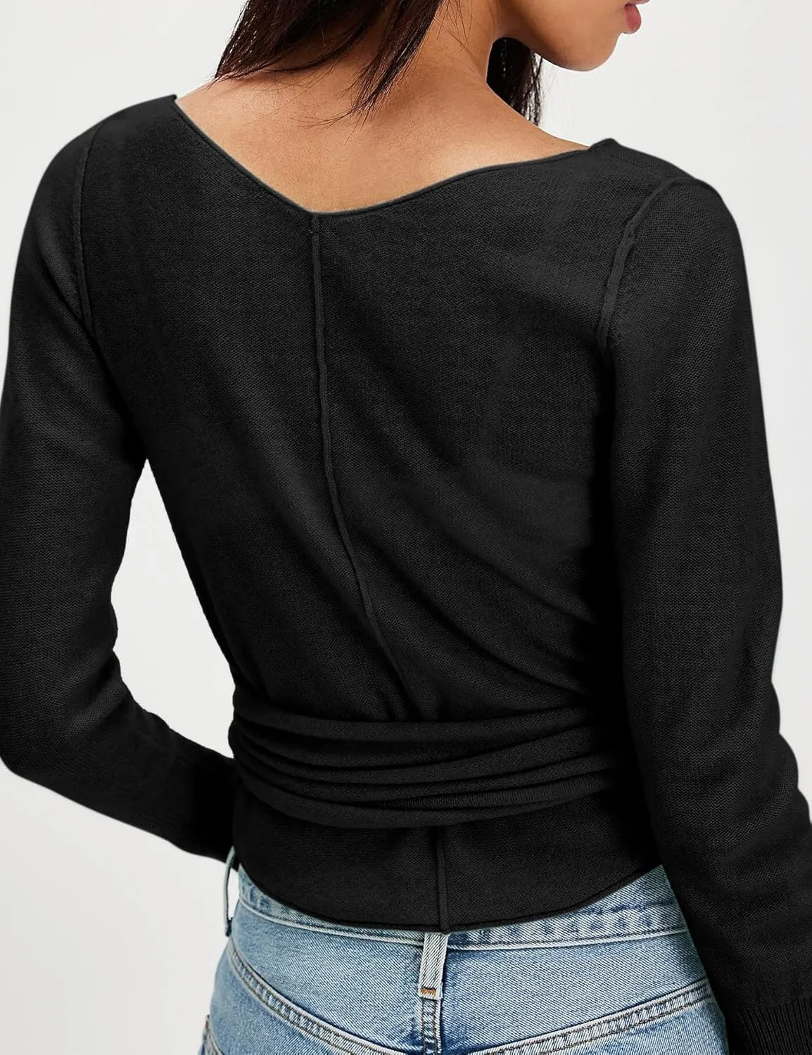 PRETTODAY Women's Wrap Knit Sweater V Neck Tie Front Long Sleeve Casual Pullover Tops