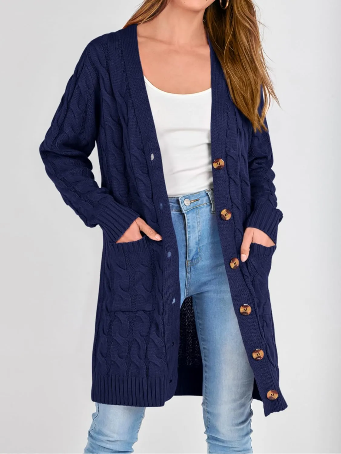 PRETTYGARDEN Long Sleeve Cable Knit Long Cardigan for Women 2025 Fall Winter Chunky Open Front Button Sweaters with Pockets