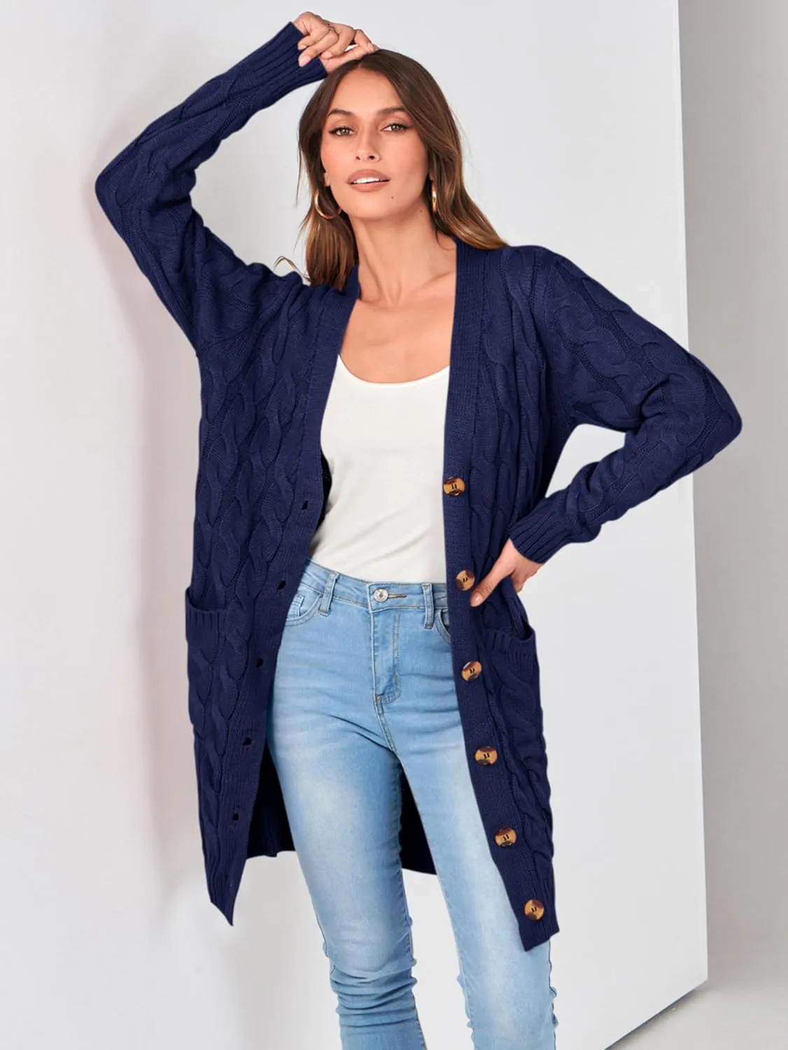 PRETTYGARDEN Long Sleeve Cable Knit Long Cardigan for Women 2025 Fall Winter Chunky Open Front Button Sweaters with Pockets