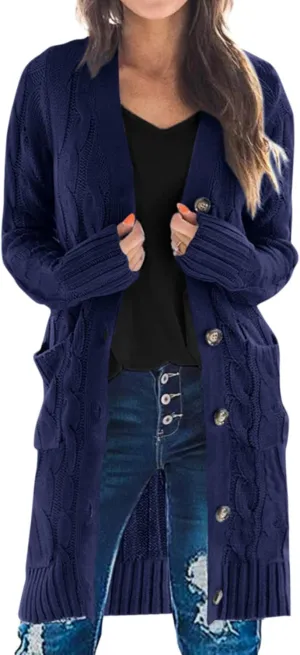 PRETTYGARDEN Long Sleeve Cable Knit Long Cardigan for Women 2025 Fall Winter Chunky Open Front Button Sweaters with Pockets