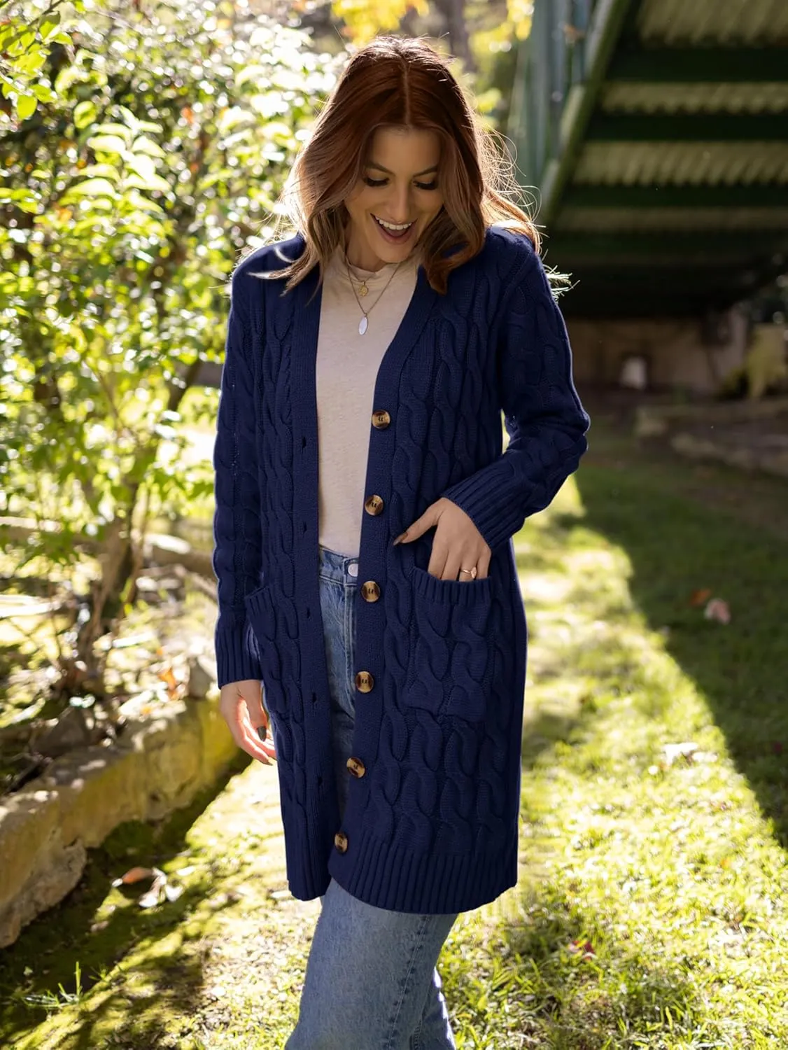 PRETTYGARDEN Long Sleeve Cable Knit Long Cardigan for Women 2025 Fall Winter Chunky Open Front Button Sweaters with Pockets