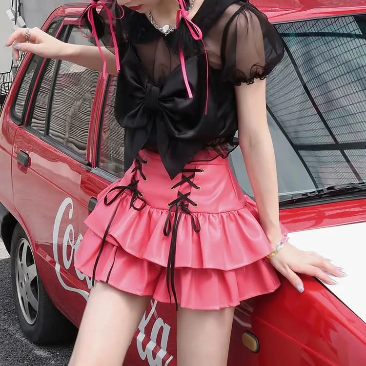 PU leather lace up ruffle mini skirt
