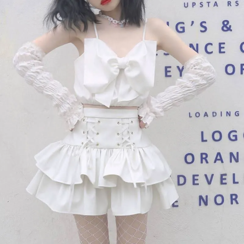 PU leather lace up ruffle mini skirt