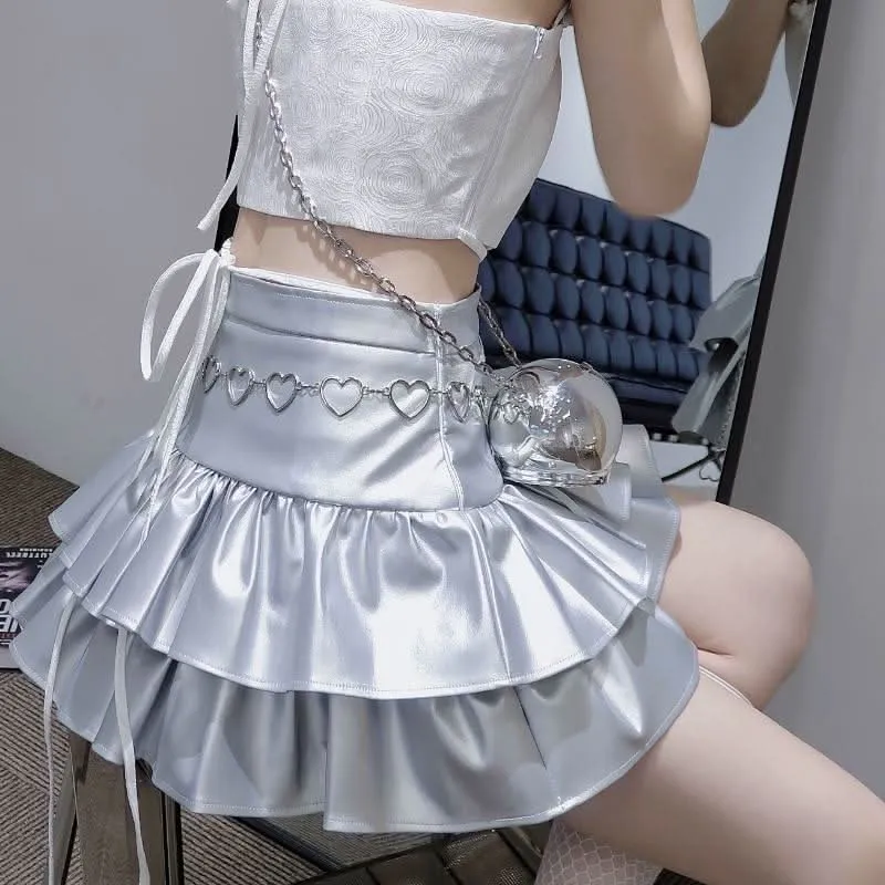 PU leather lace up ruffle mini skirt