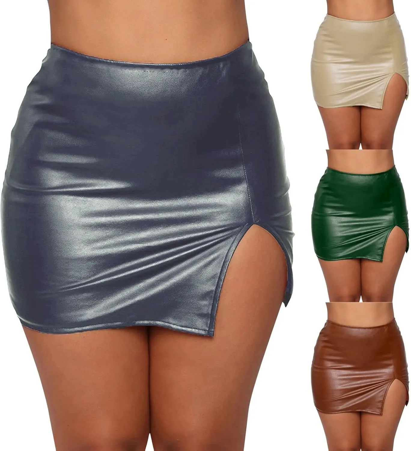 SERYU Women's Stretch Faux PU Leather Slit Bodycon Mini Skirt High Waist Split Short Pencil Skirts