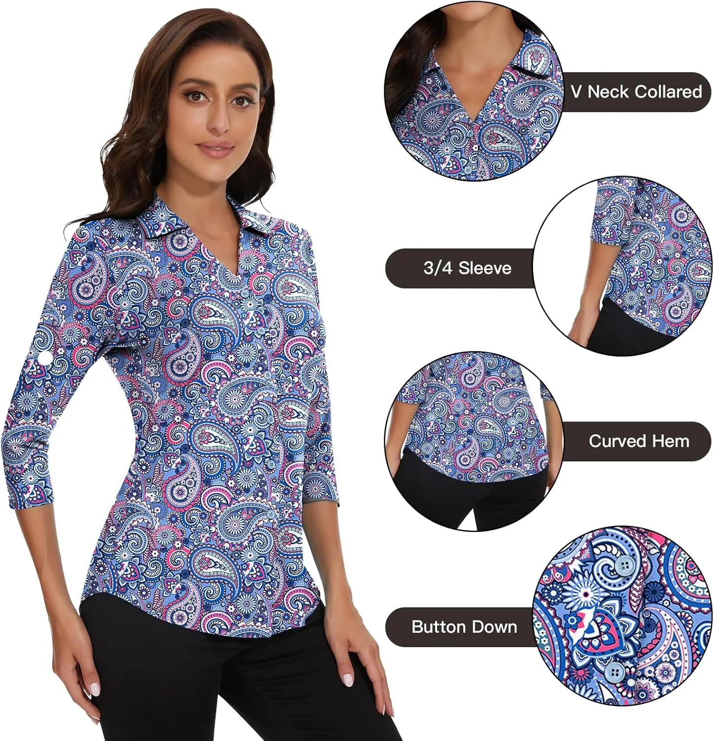 Soneven Womens 3/4 Sleeve Button Down Shirt V Neck Collared Polo Shirts Work Blouses