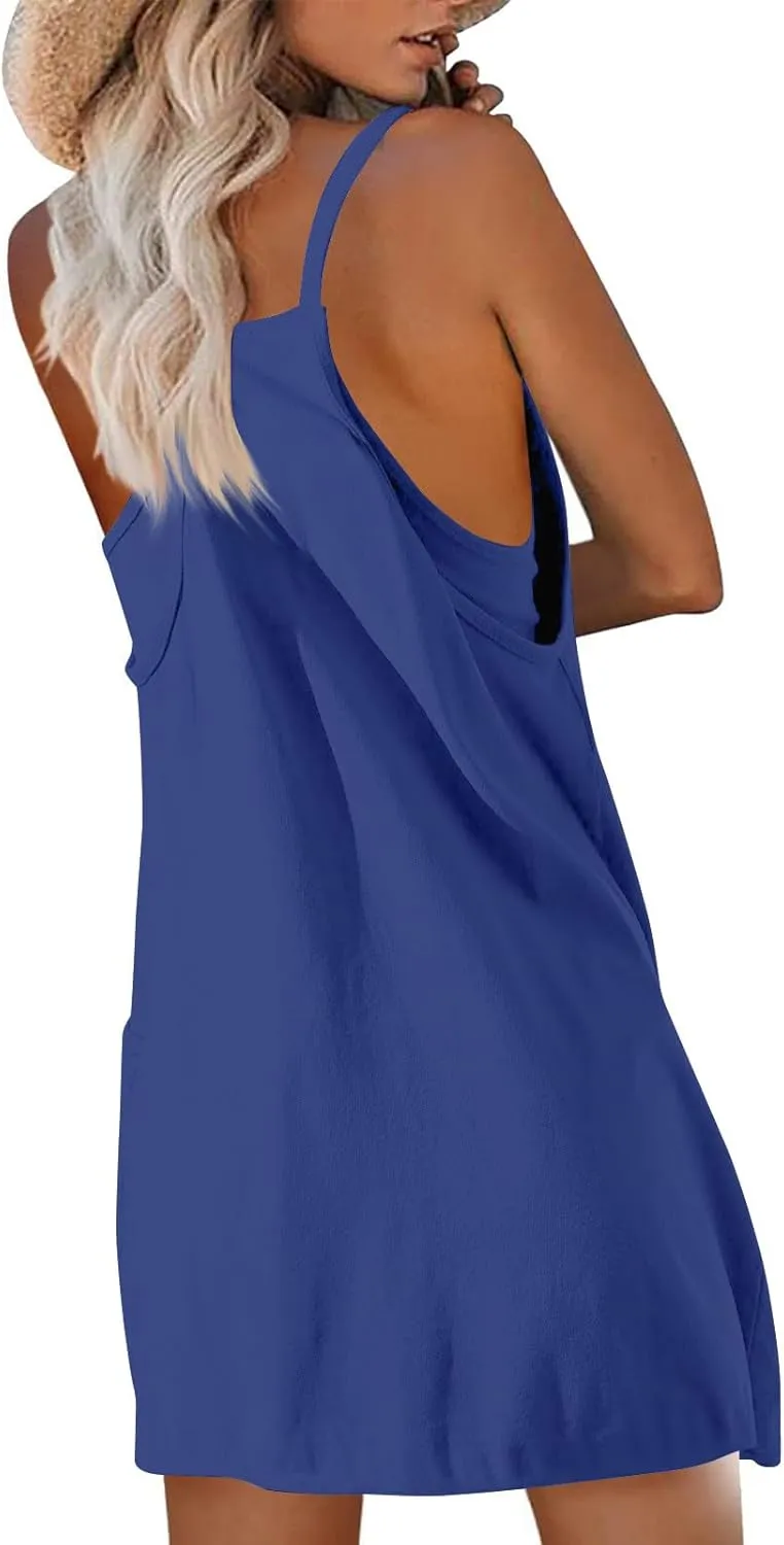 Summer Plus Size Dresses Romper for Women, Sleeveless V Ncek Spaghetti Strap Mini Tulle Dress Women Built in Shorts