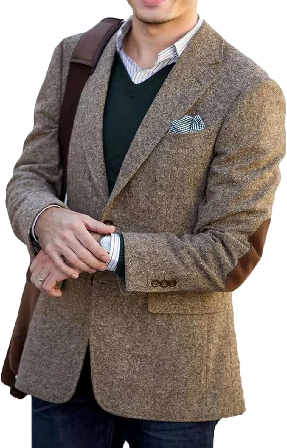 VENNYNG Brown Men's Tweed Blazer Suit Jacket with Elbow Patches Single Breasted Male Short Vintage Trench Coat