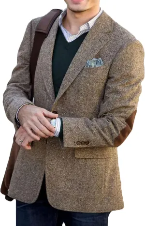 VENNYNG Brown Men's Tweed Blazer Suit Jacket with Elbow Patches Single Breasted Male Short Vintage Trench Coat