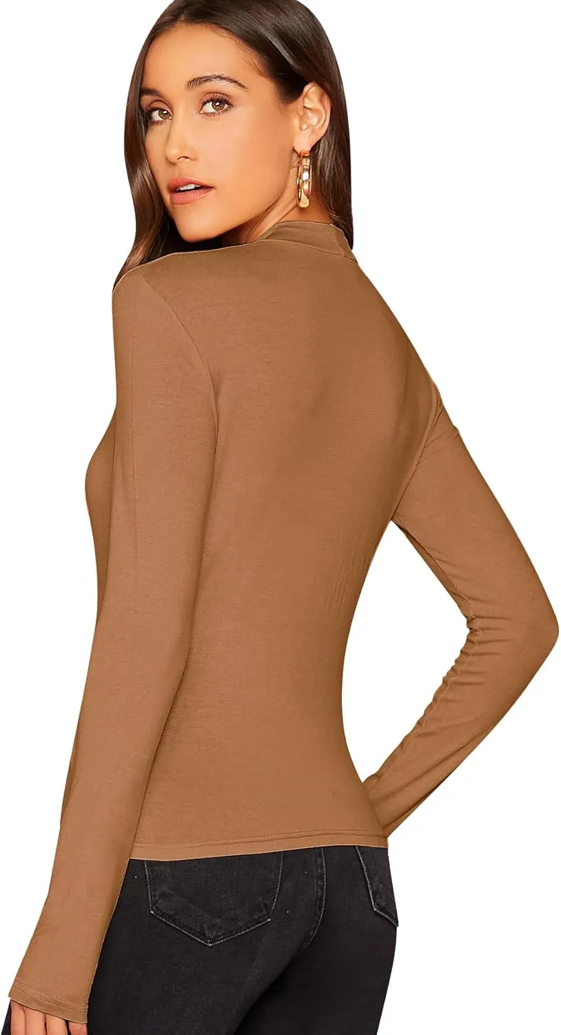 Verdusa Women's Basic Mock Neck Slim Fitted Long Sleeve Pullovers Tee Tops
