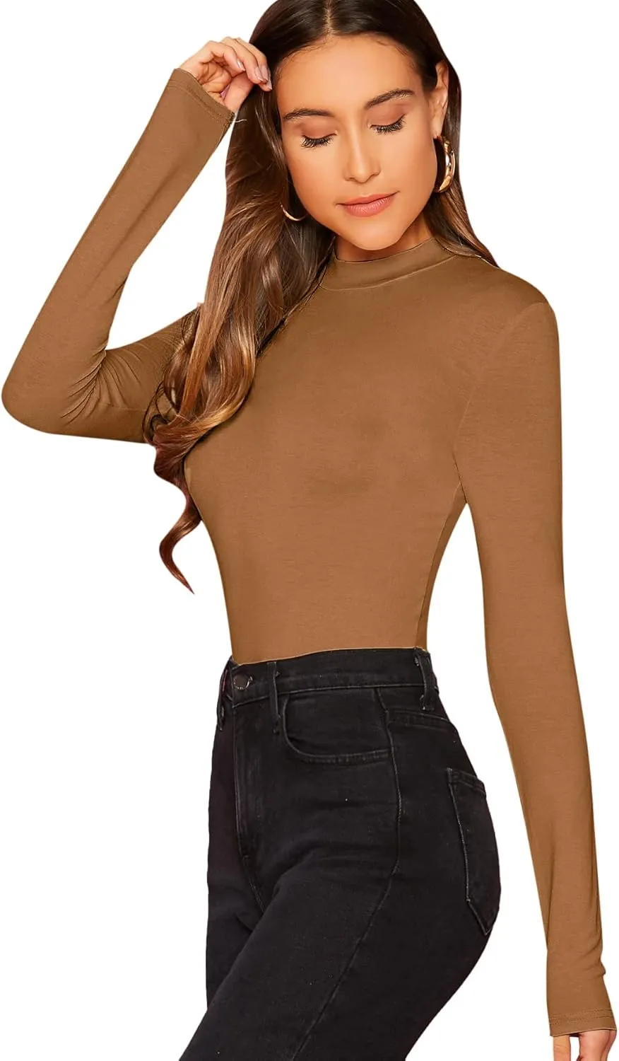 Verdusa Women's Basic Mock Neck Slim Fitted Long Sleeve Pullovers Tee Tops