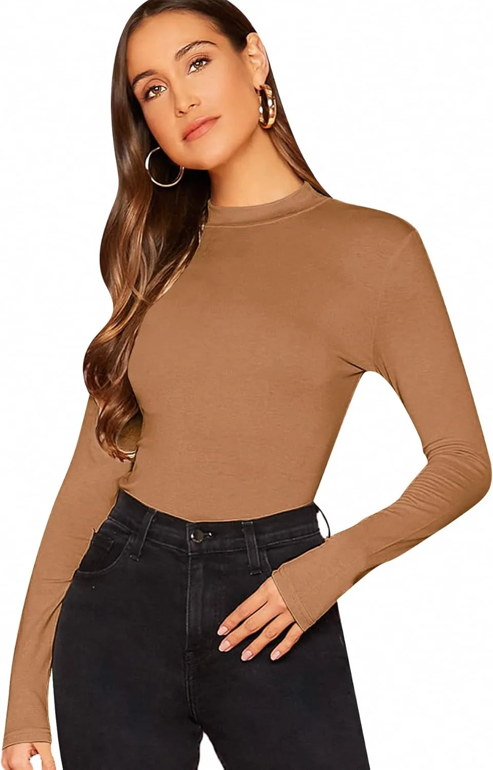 Verdusa Women's Basic Mock Neck Slim Fitted Long Sleeve Pullovers Tee Tops
