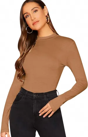 Verdusa Women's Basic Mock Neck Slim Fitted Long Sleeve Pullovers Tee Tops