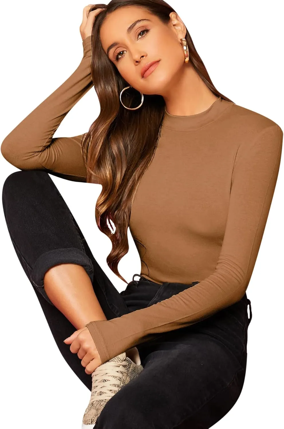 Verdusa Women's Basic Mock Neck Slim Fitted Long Sleeve Pullovers Tee Tops