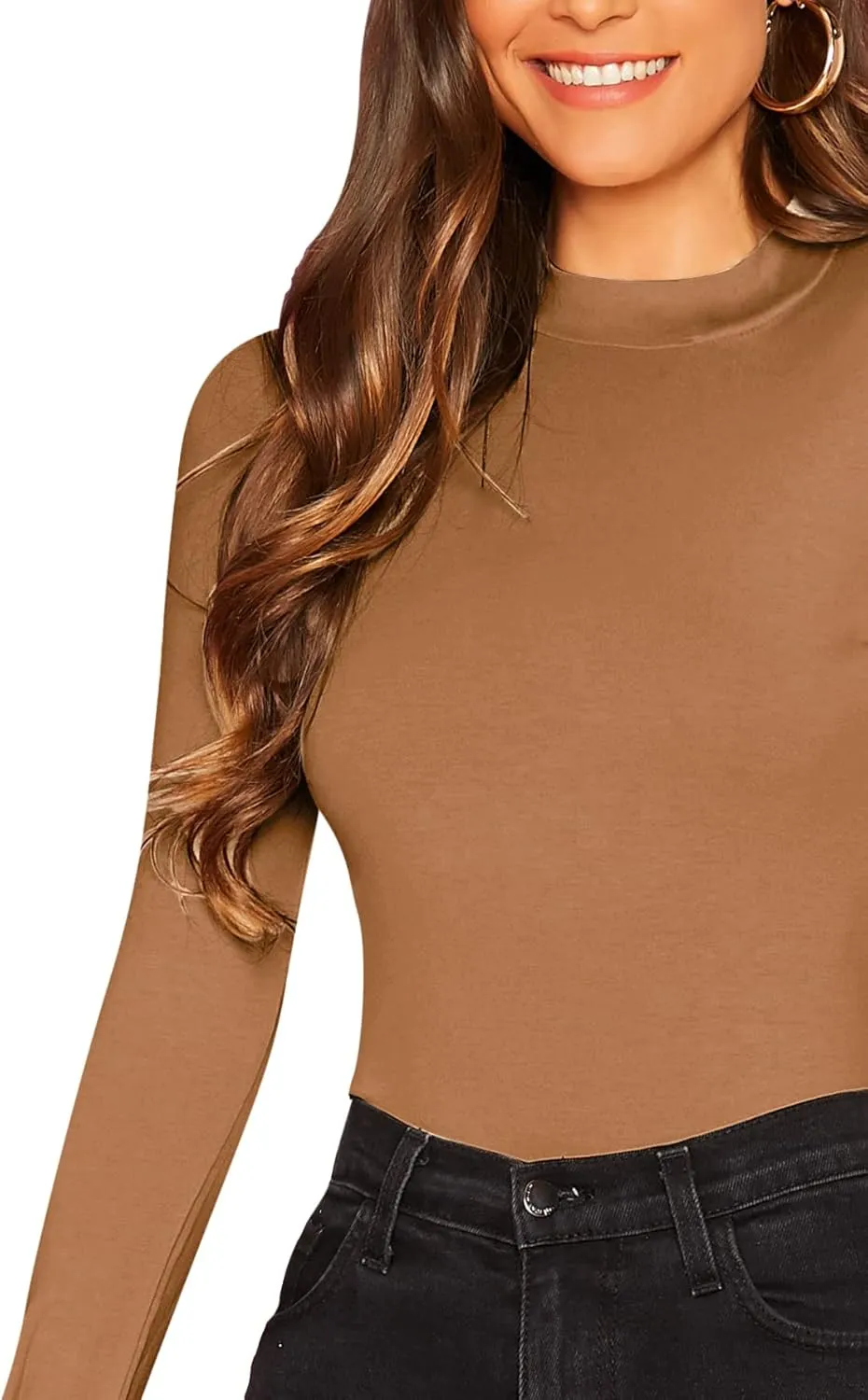 Verdusa Women's Basic Mock Neck Slim Fitted Long Sleeve Pullovers Tee Tops