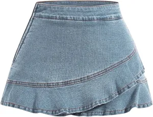 WDIRARA Women's High Waisted Wrap Denim Skort Ruffle Asymmetrical A Line Mini Skirts Jean Shorts