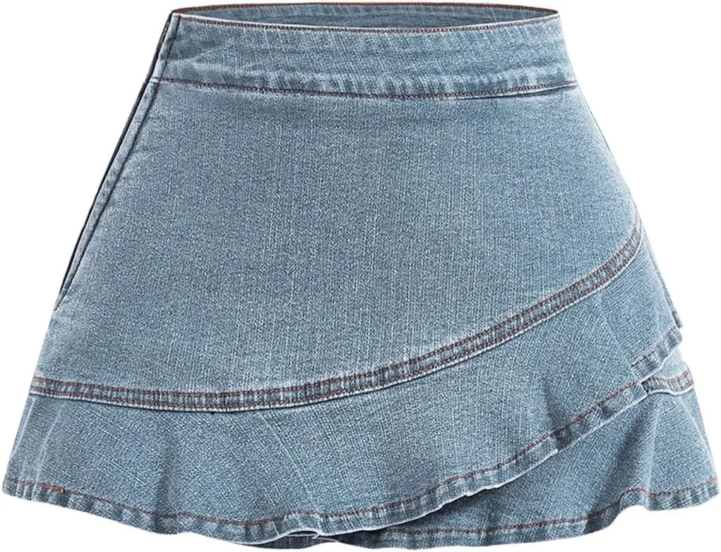 WDIRARA Women's High Waisted Wrap Denim Skort Ruffle Asymmetrical A Line Mini Skirts Jean Shorts