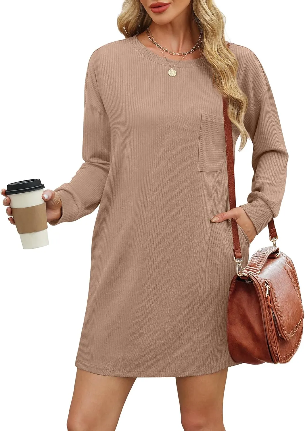 WIHOLL Womens Long Sleeve Dress Loose Fit Casual Crewneck Flowy Mini Dresses with Pockets Fall Fashion