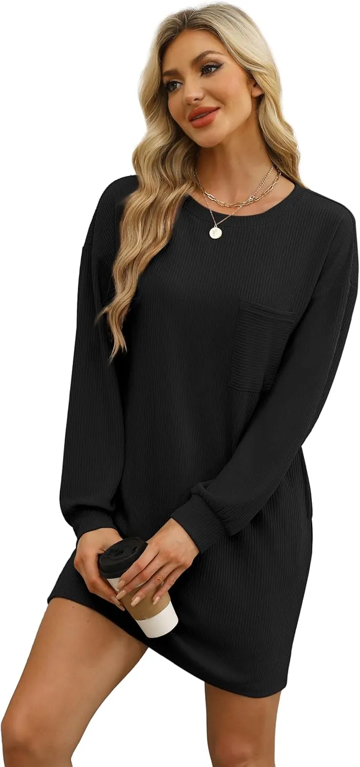 WIHOLL Womens Long Sleeve Dress Loose Fit Casual Crewneck Flowy Mini Dresses with Pockets Fall Fashion