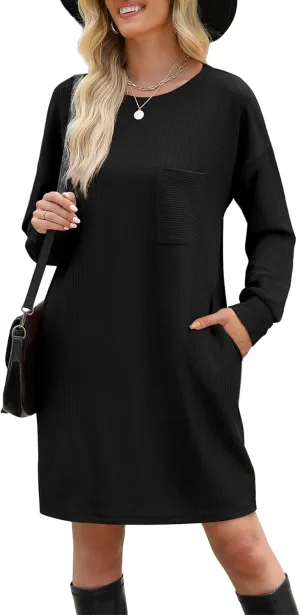 WIHOLL Womens Long Sleeve Dress Loose Fit Casual Crewneck Flowy Mini Dresses with Pockets Fall Fashion