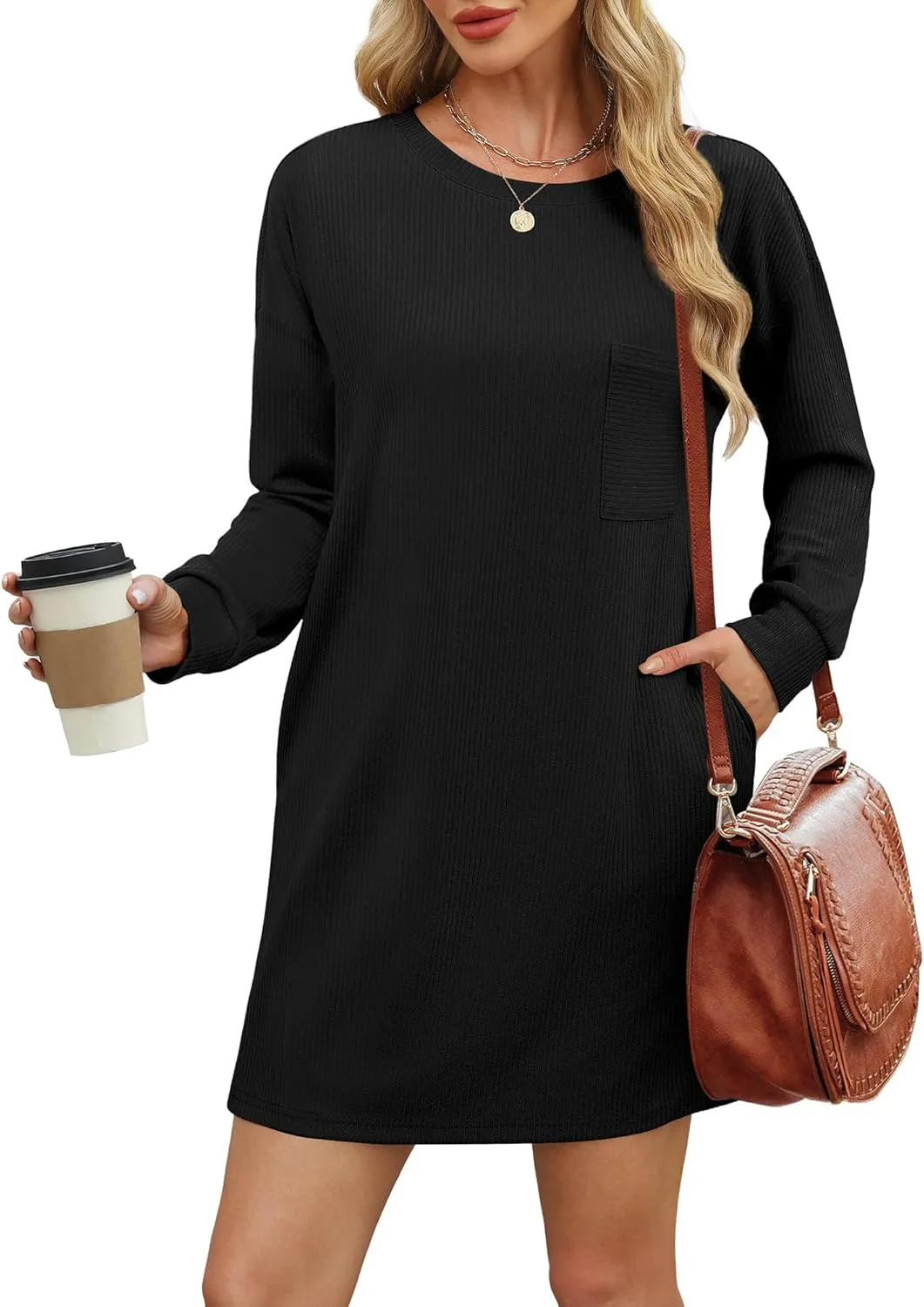 WIHOLL Womens Long Sleeve Dress Loose Fit Casual Crewneck Flowy Mini Dresses with Pockets Fall Fashion