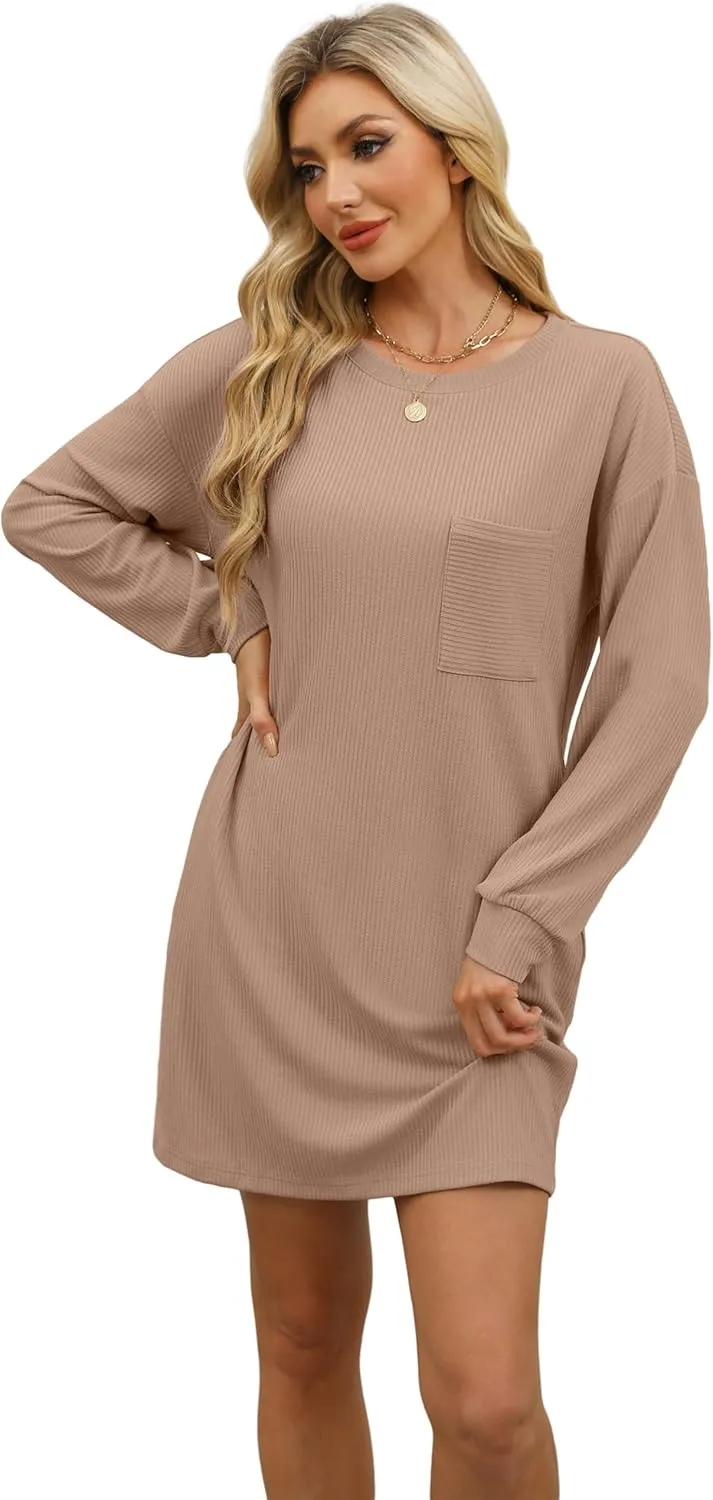 WIHOLL Womens Long Sleeve Dress Loose Fit Casual Crewneck Flowy Mini Dresses with Pockets Fall Fashion