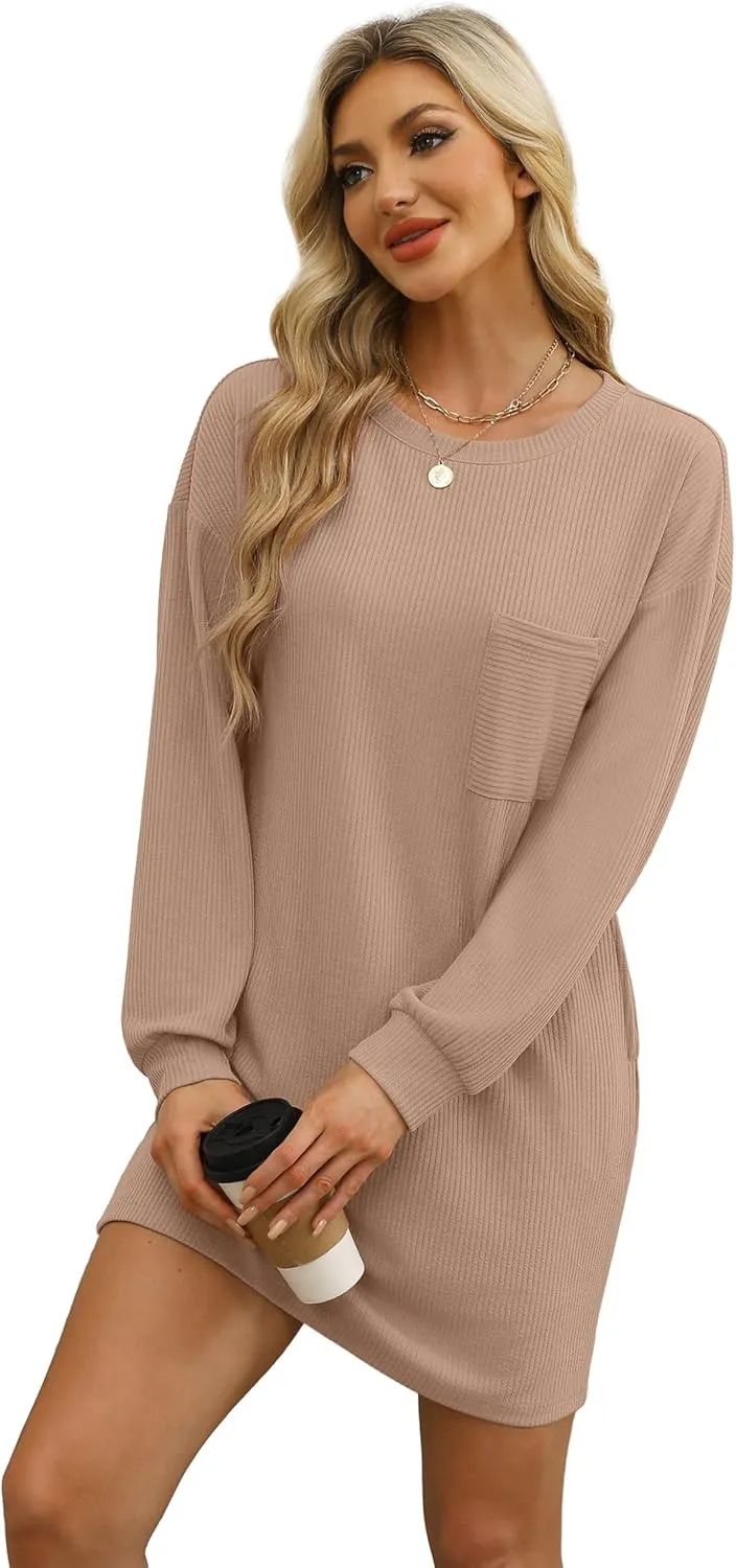 WIHOLL Womens Long Sleeve Dress Loose Fit Casual Crewneck Flowy Mini Dresses with Pockets Fall Fashion